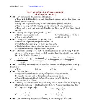 Trắc nghiệm lý (phần quang học) đề số 1 (đa cuối bài)